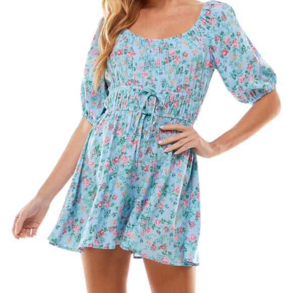 Bepop Sky/Pink Floral Elbow Sleeve Romper, M - Picture 1 of 7